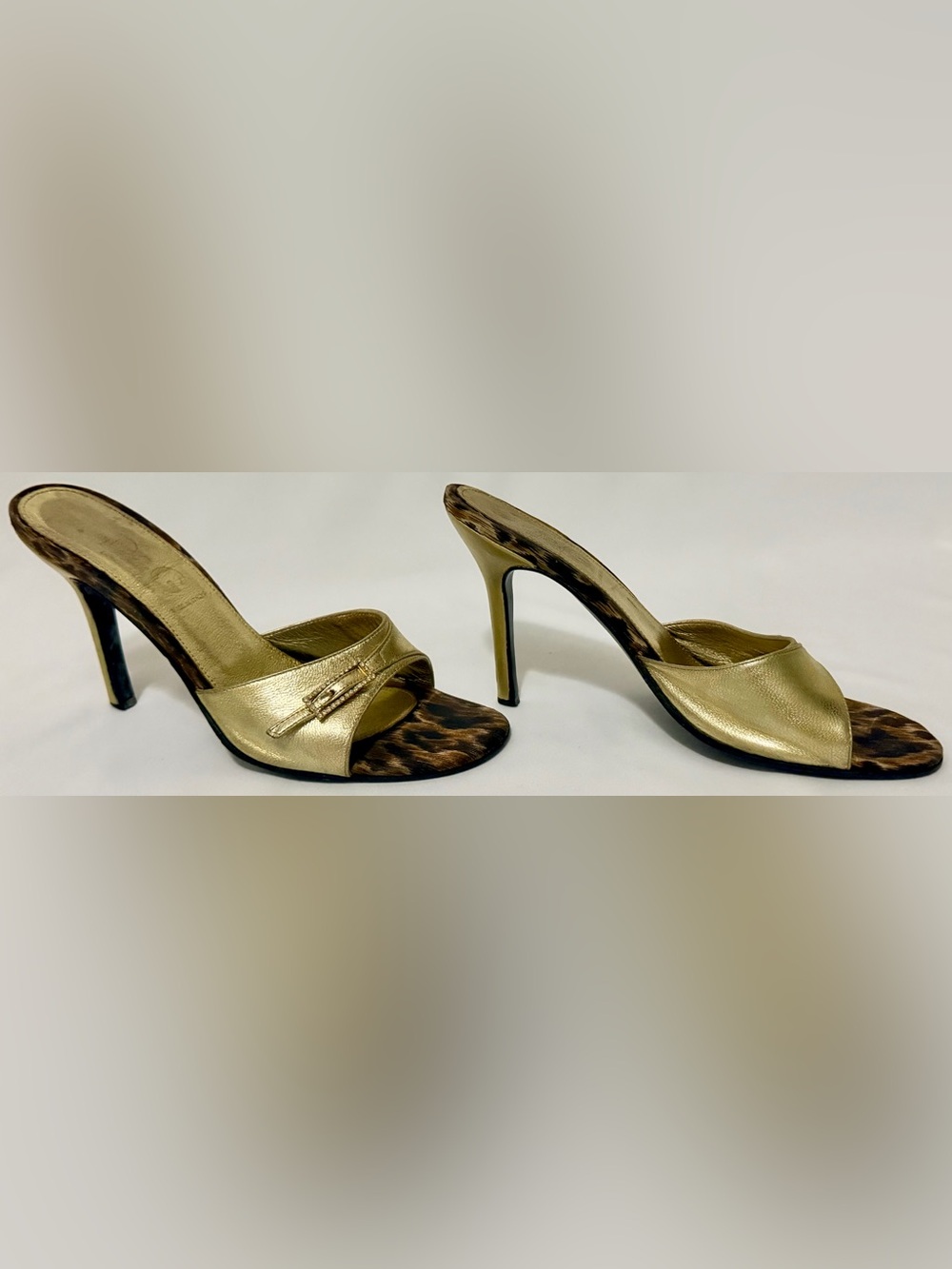 D&G Dolce & Gabbana Vintage Y2K Gold Leather Leopard Rhinestone Mule Heels 38